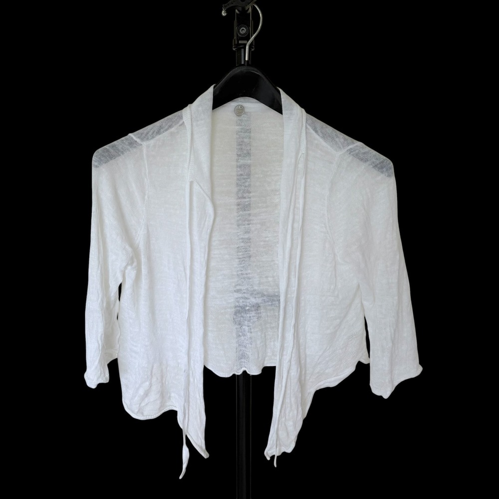 Margaret O'Leary White Linen Cotton Knit Shrug Cropped Tie Front Cardigan XL